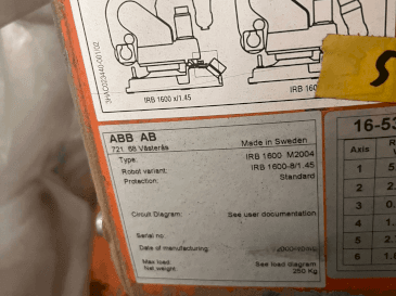 Nameplate of ABB IRB 1600 M2004  machine