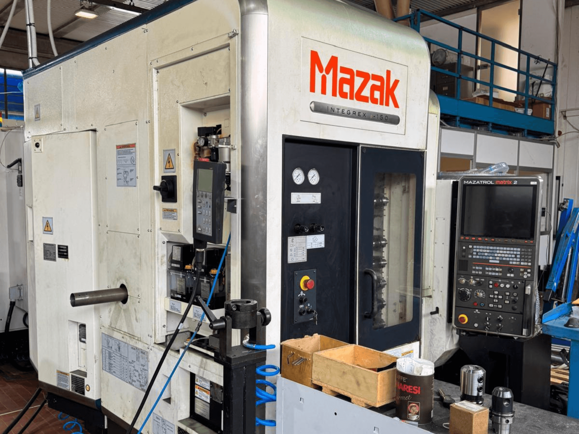 Mazak Integrex I-150 CNC machine, front view; features control panel, tool holder, and operational gauges.