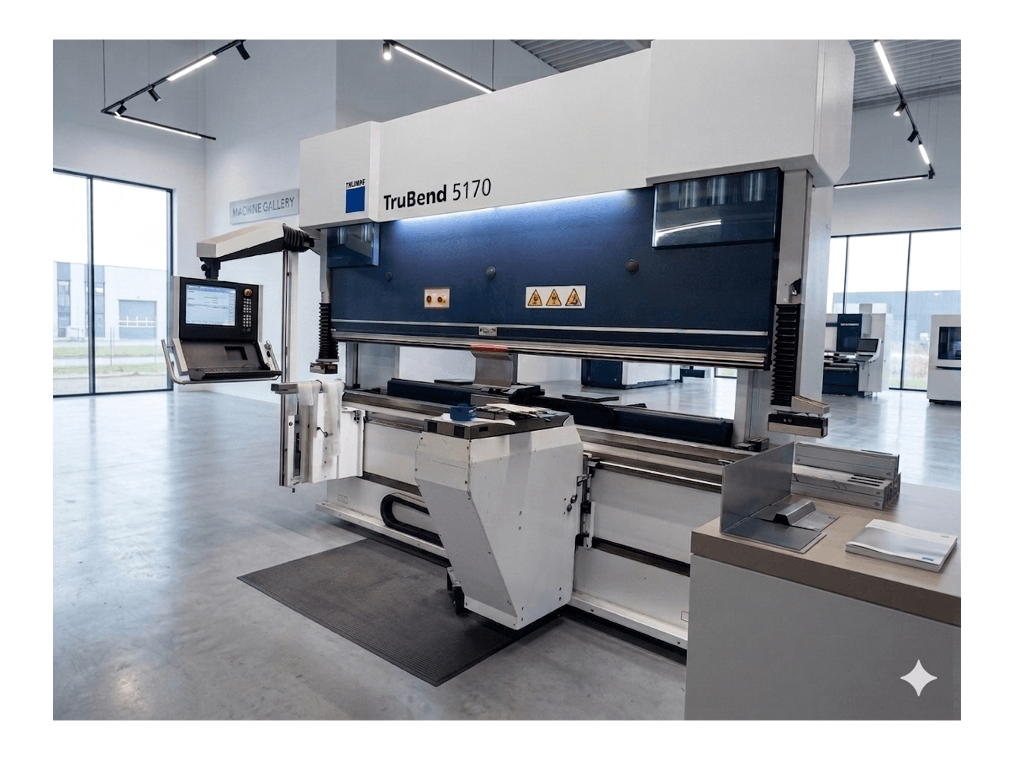 TruBend 5170 press brake by TRUMPF, front view with control panel and bending table, showcasing modern machine design.