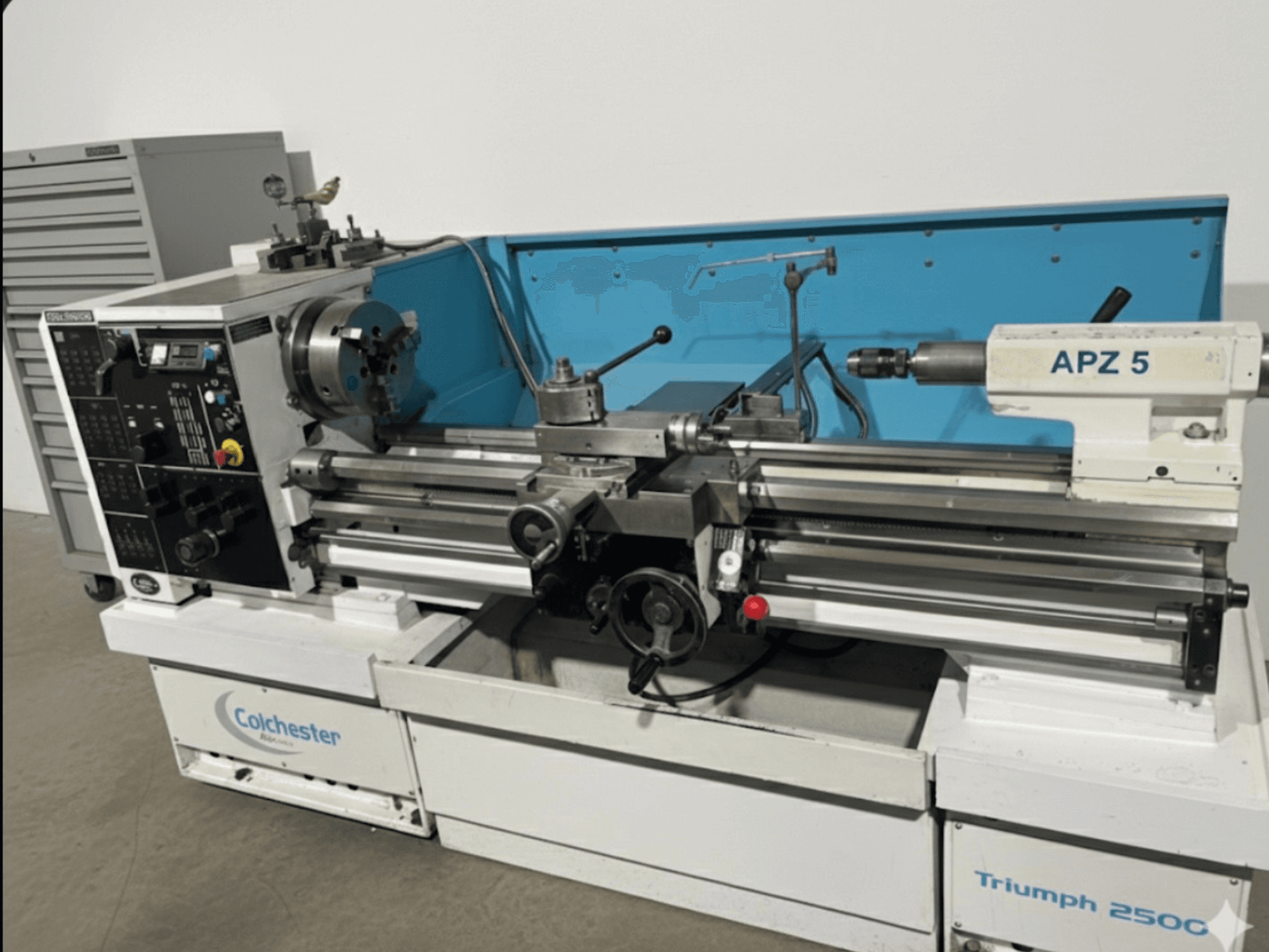 Colchester Triumph 250C lathe, front view, featuring an APZ 5 attachment and control panel with dials and buttons.
