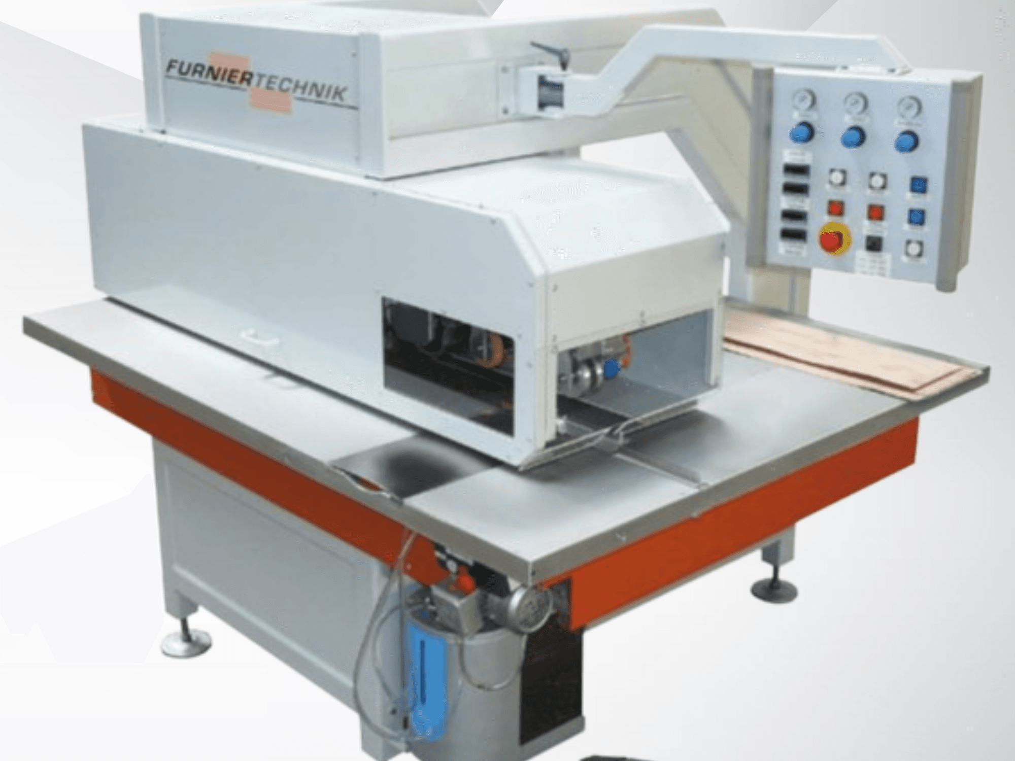 FURNIERTECHNIK LZM-LA 1000 veneer guillotine, front view with control panel, cutting area, and adjustable blade mechanism visible.