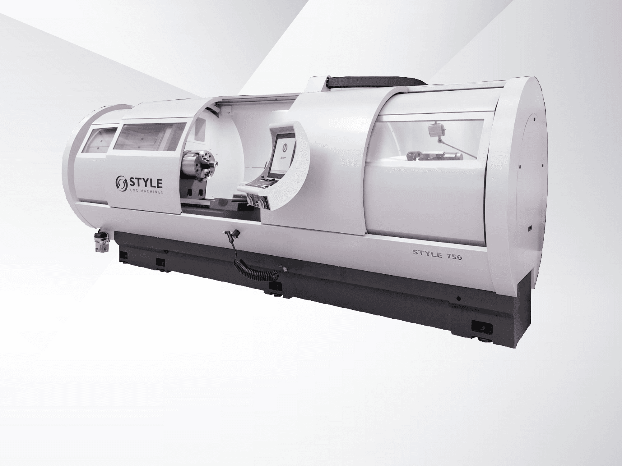 STYLE 750 CNC lathe machine, front view, features large window, control panel, and precision mechanics for advanced machining.