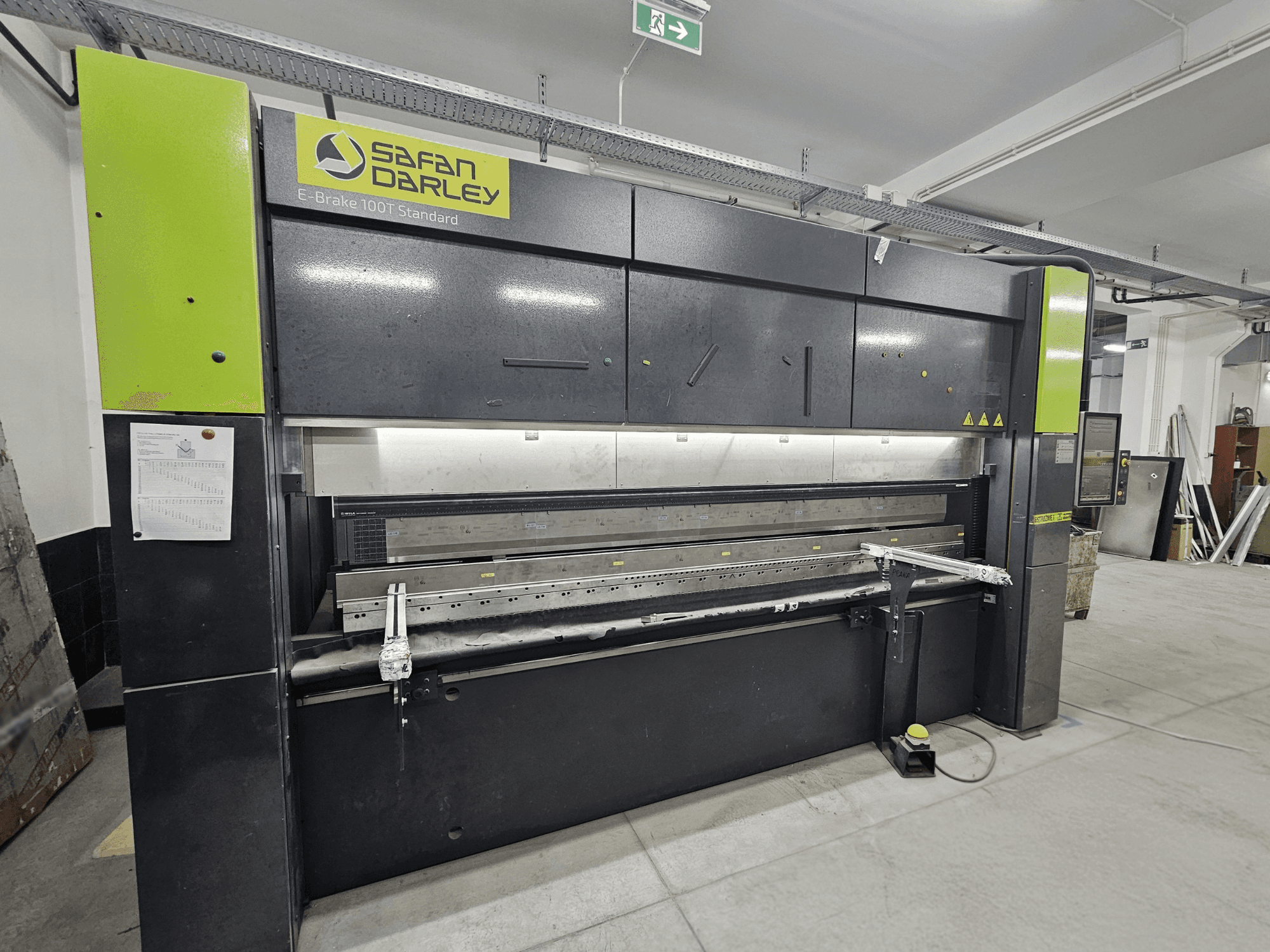 SafanDarley E-Brake 100T Standard, front view; hydraulic bending machine with control panel, foot pedal, and safety features.